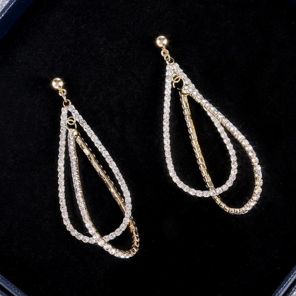 NEW Gold Round Diamond Double Tear Drop Earrings - Picture 3 of 9